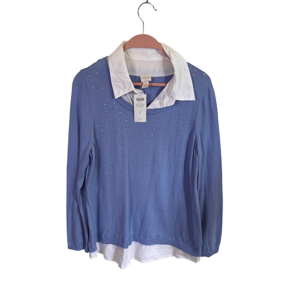 NWT Chicos Diamonte Shine Braylynn Pullover Sweater Blue Layered Collar Sz L
